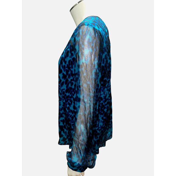 Arynk Large Blue Black Mulberry Silk Sheer Leopard Animal Print Blouse City Styl - Picture 4 of 11